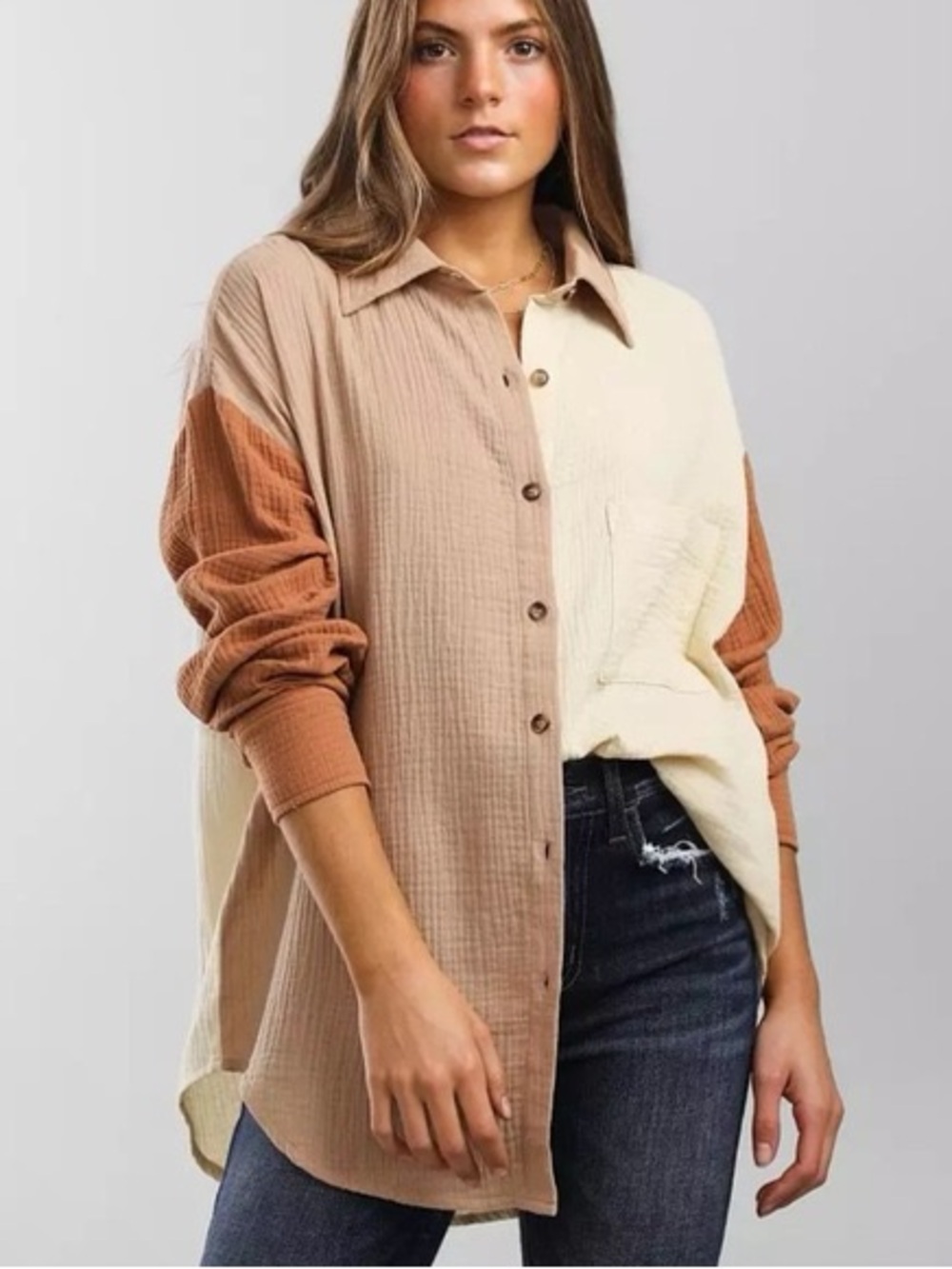 Colorblock Button-Front Woven Shirt - Cream & Brown - L